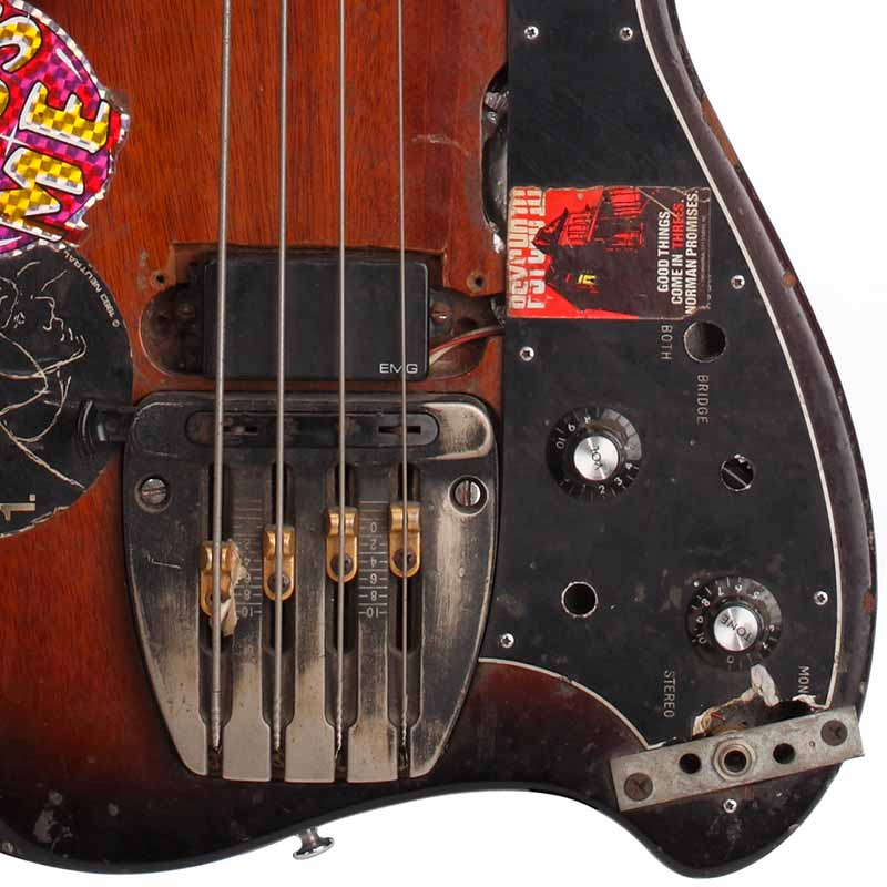 Zoom of Kim Gordon's custom Ovation Magnum I electric bass.